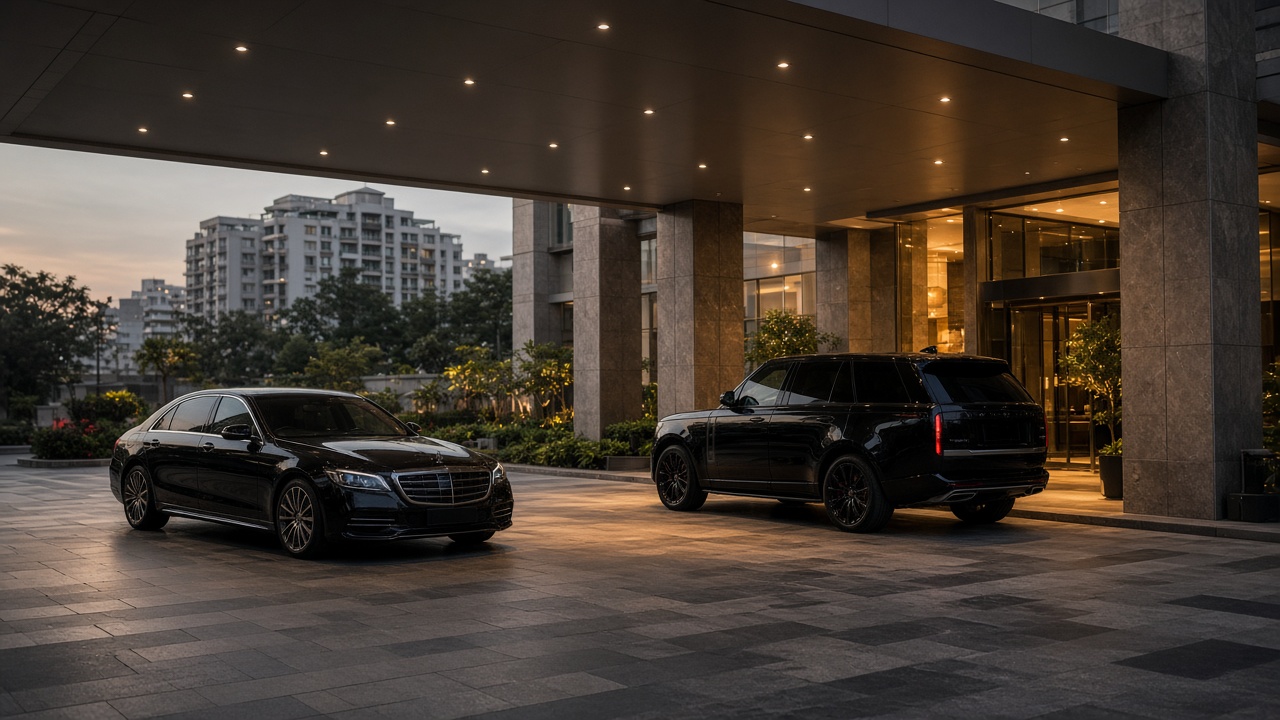 Luxury sedan and luxury SUV at a modern Indian hotel entrance