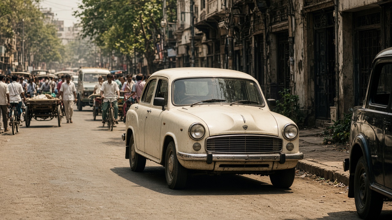 Classic Indian Ambassador-style sedan on a busy Indian city street