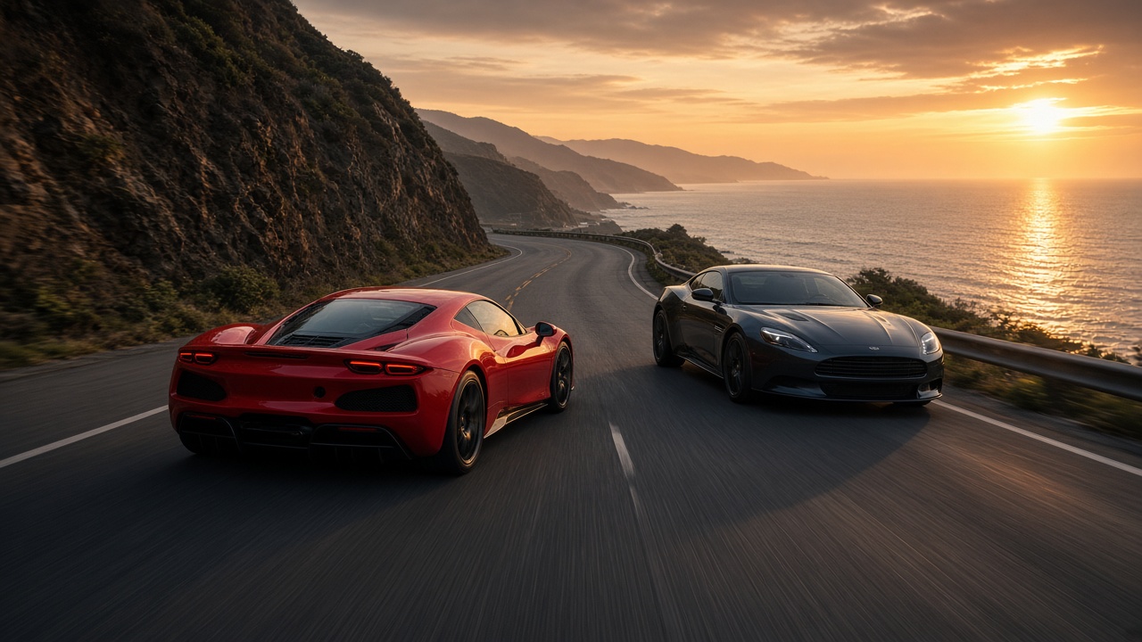 Sports car and performance coupe on a scenic Indian coastal highway