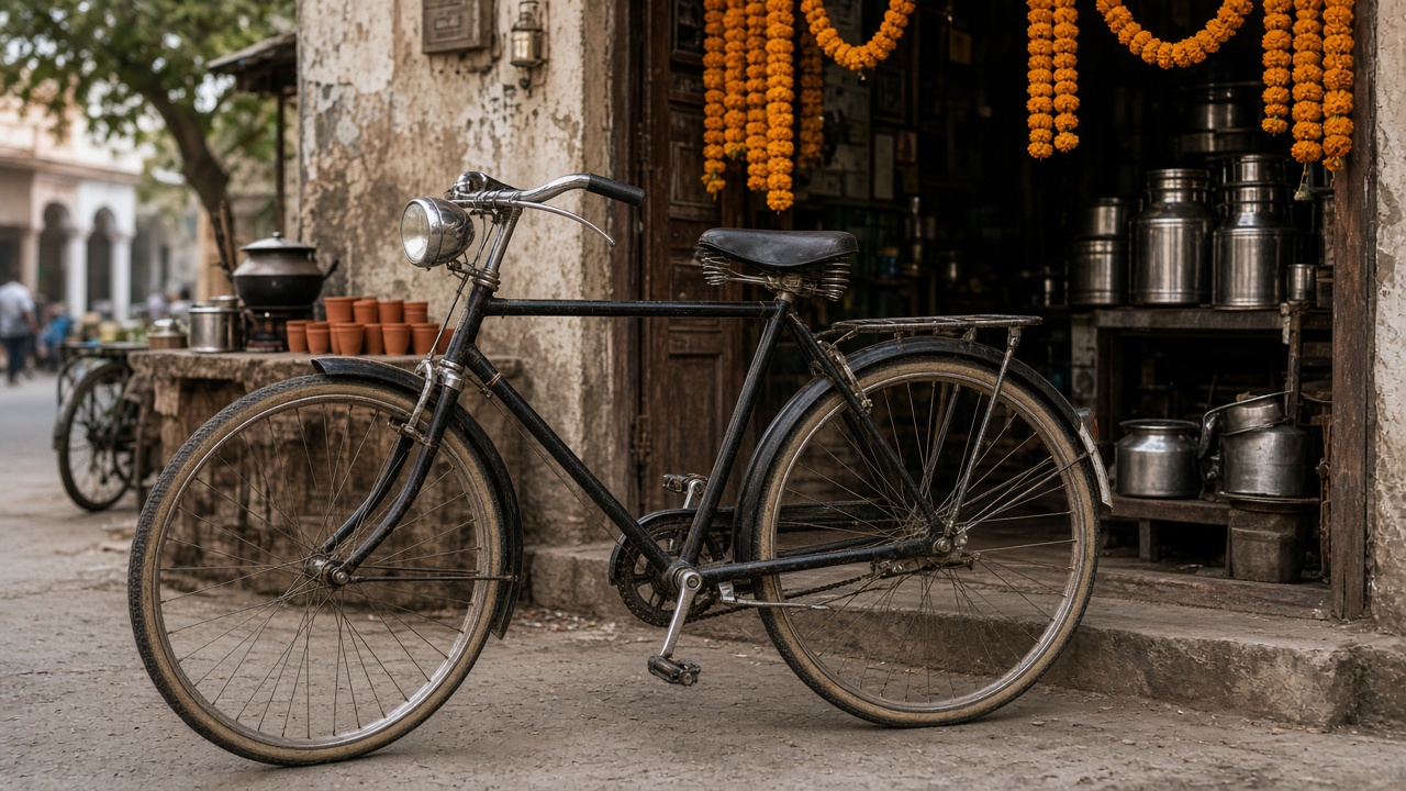 Classic Indian black roadster bicycle parked outside a small-town Indian shop