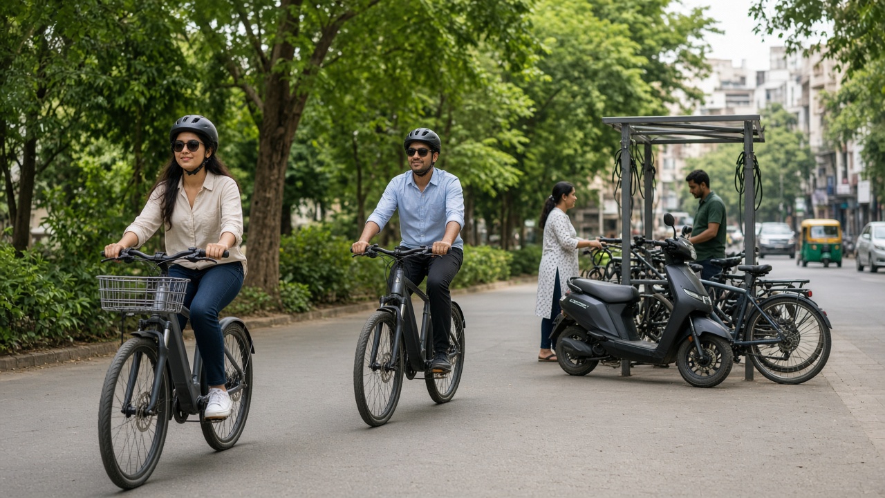 Modern electric bicycles ridden by Indian people near a park in an Indian city