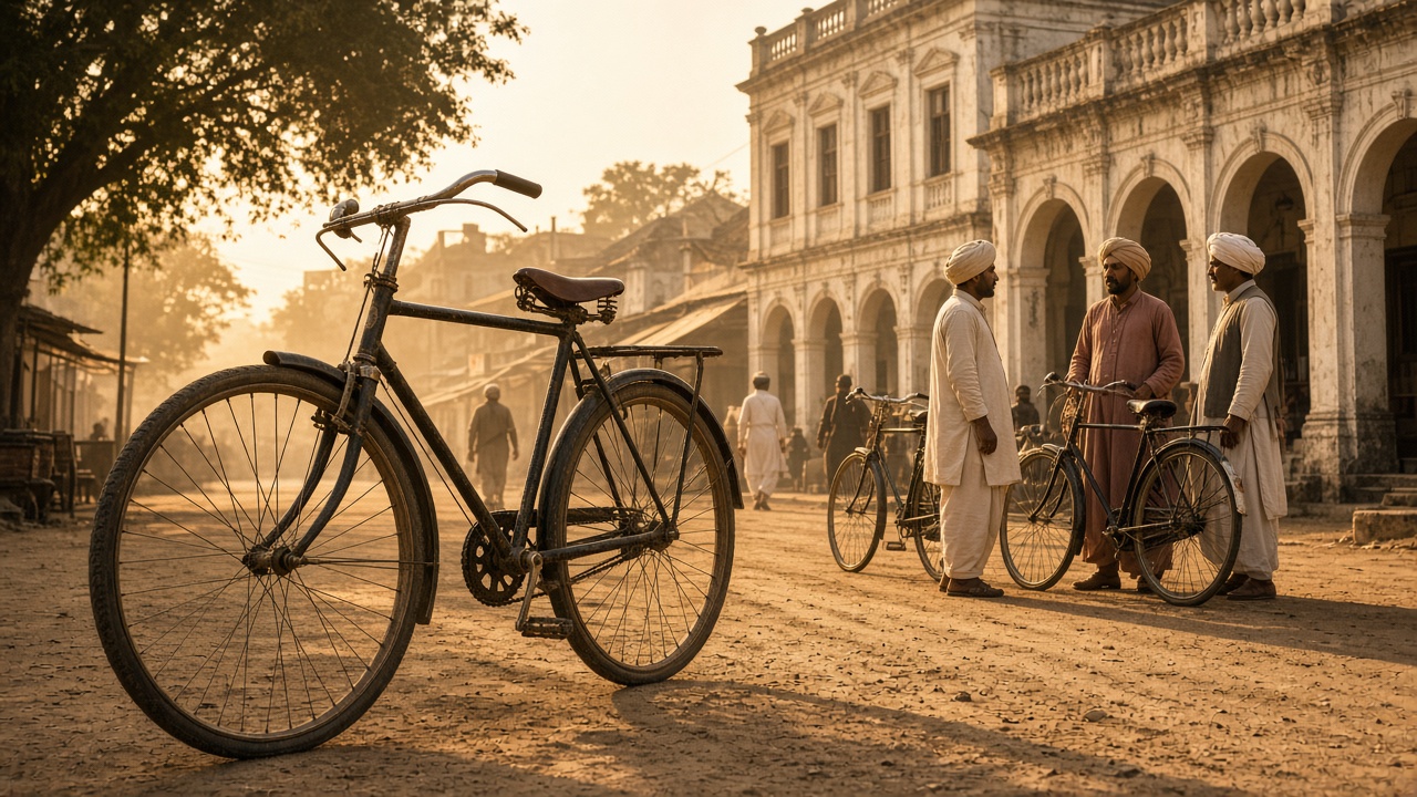 Early bicycle era in colonial India with vintage roadster cycles on a dusty Indian town street