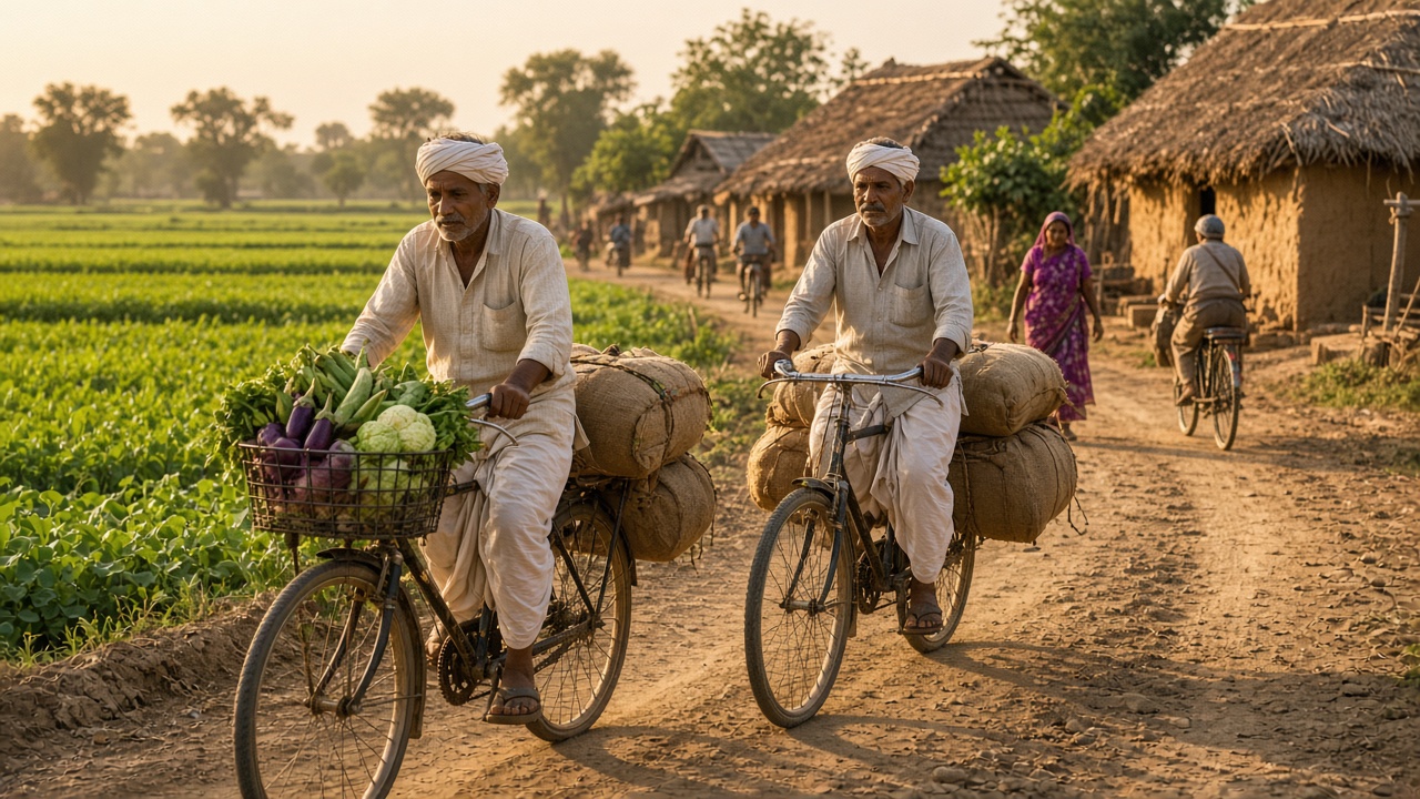 Rural Indian villagers using sturdy roadster bicycles to carry goods on a village road