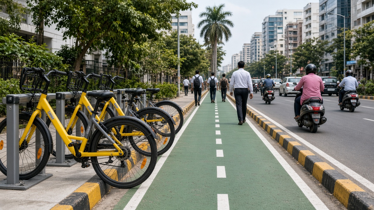 Indian urban bicycle sharing station and cycle track in a modern Indian metro city