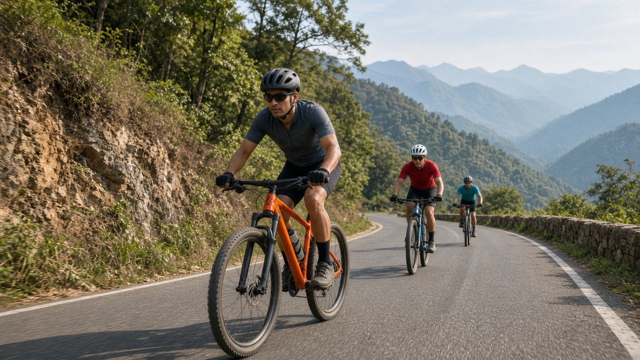 Indian mountain bike cyclists riding a scenic hillside road in India