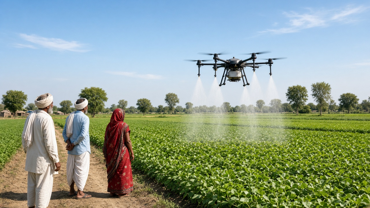 Agricultural drone spraying crops over green Indian farmland with farmers watching