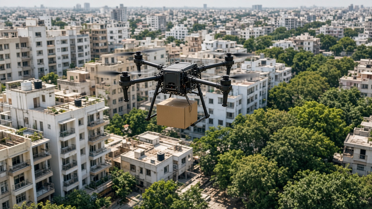 Modern delivery drone carrying a package over an Indian urban neighborhood