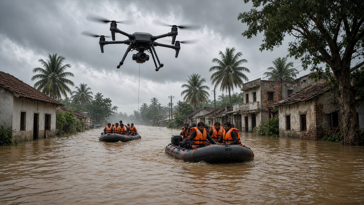 Disaster response drones flying over flooded Indian village streets helping rescue teams