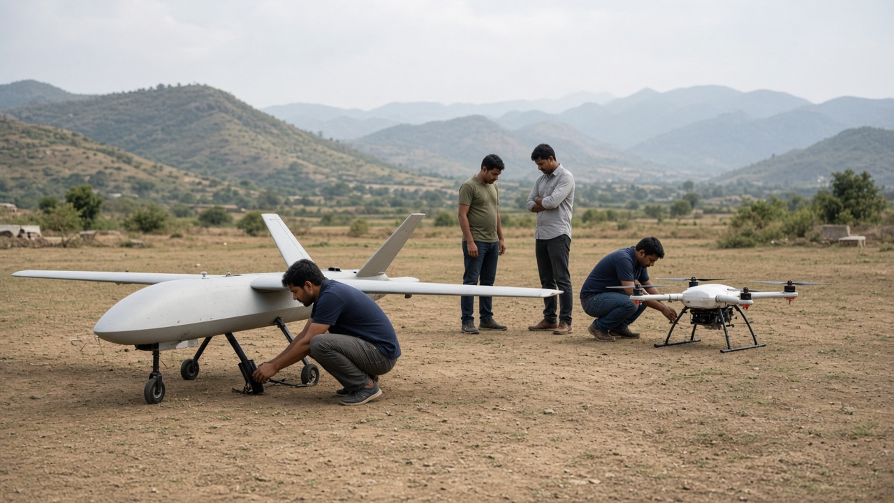 Early UAV and quadcopter research aircraft on an Indian airfield with engineers inspecting the craft