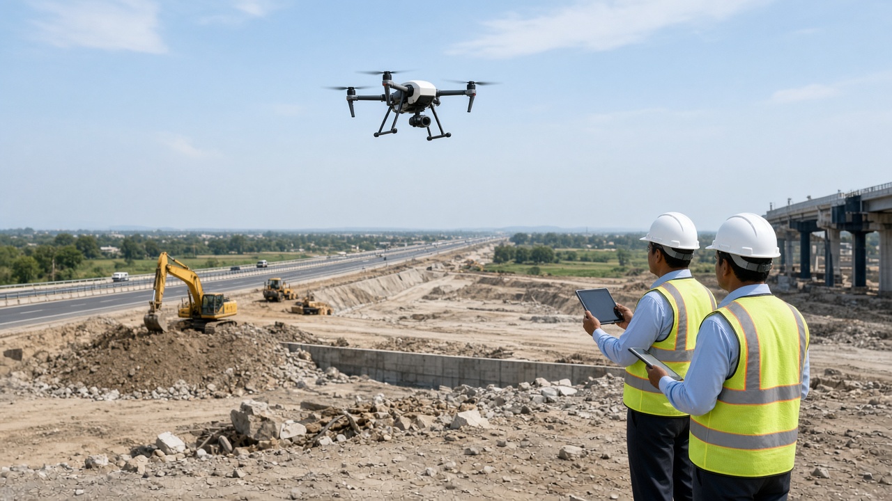 Surveying drone hovering above an Indian construction site and highway corridor