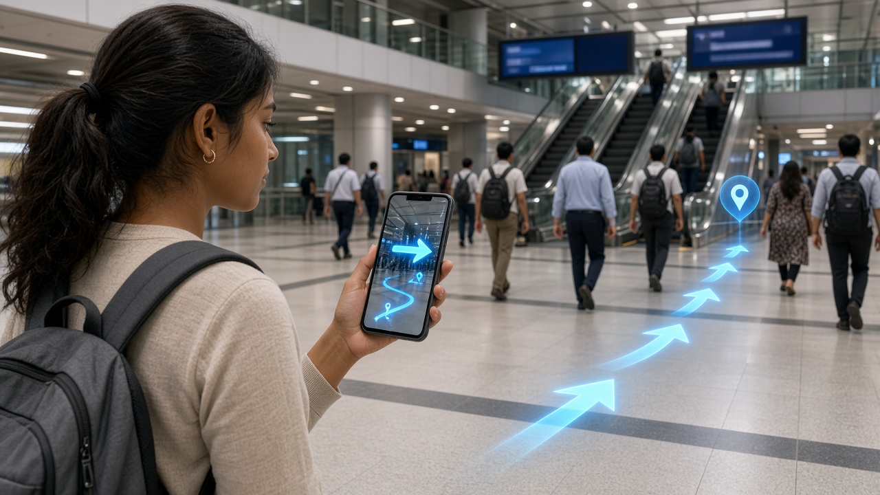 Young woman with a backpack in a modern metro station concourse holding a smartphone whose camera view shows glowing blue augmented-reality arrows, which continue as a trail on the floor towards a floating location pin beside the escalators, with commuters walking past