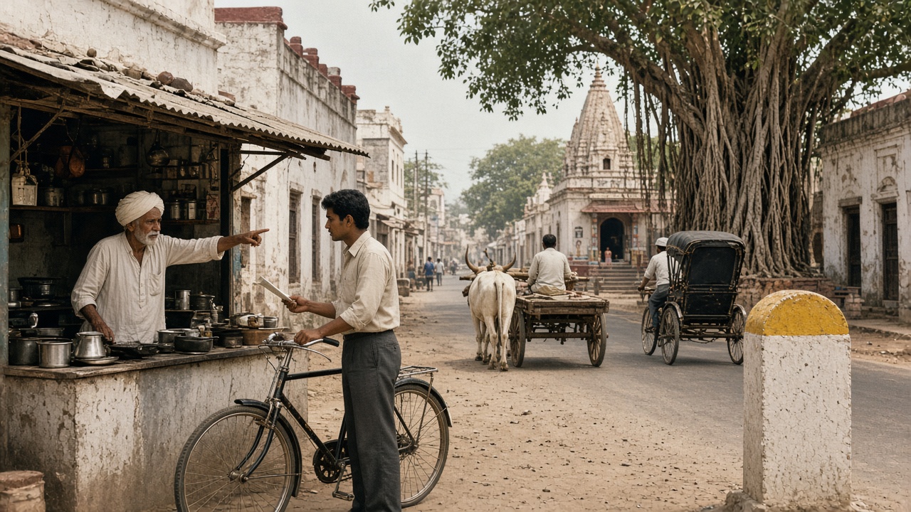 1950s small-town street where a young man with a bicycle asks an elderly tea-stall owner in a white turban for directions, the owner pointing towards a temple and a huge banyan tree, with a yellow-topped white milestone, a bullock cart, and a cycle-rickshaw on the road