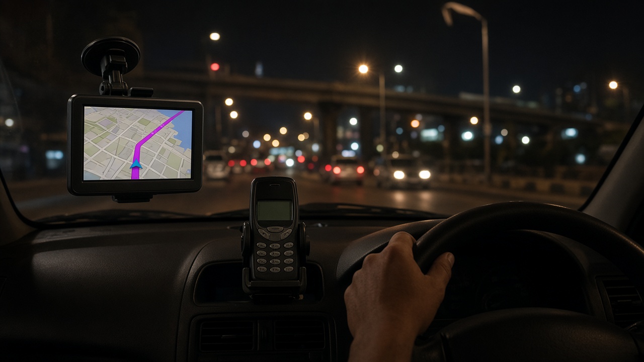 Night view from inside a car with a portable GPS navigation unit suction-mounted on the windscreen showing a map with a purple route line, a keypad mobile phone in a dashboard holder, the driver’s hand on the steering wheel, and blurred city traffic lights and a flyover ahead