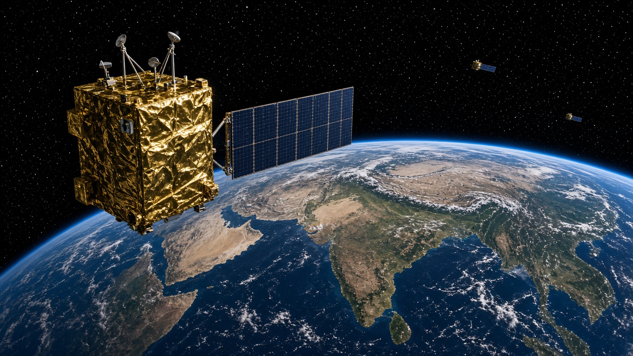 Gold-foil-wrapped navigation satellite with a blue solar panel and antennas orbiting high above Earth, with the Indian subcontinent, the Himalayas, and surrounding seas visible below and two more satellites in the distance against starry space