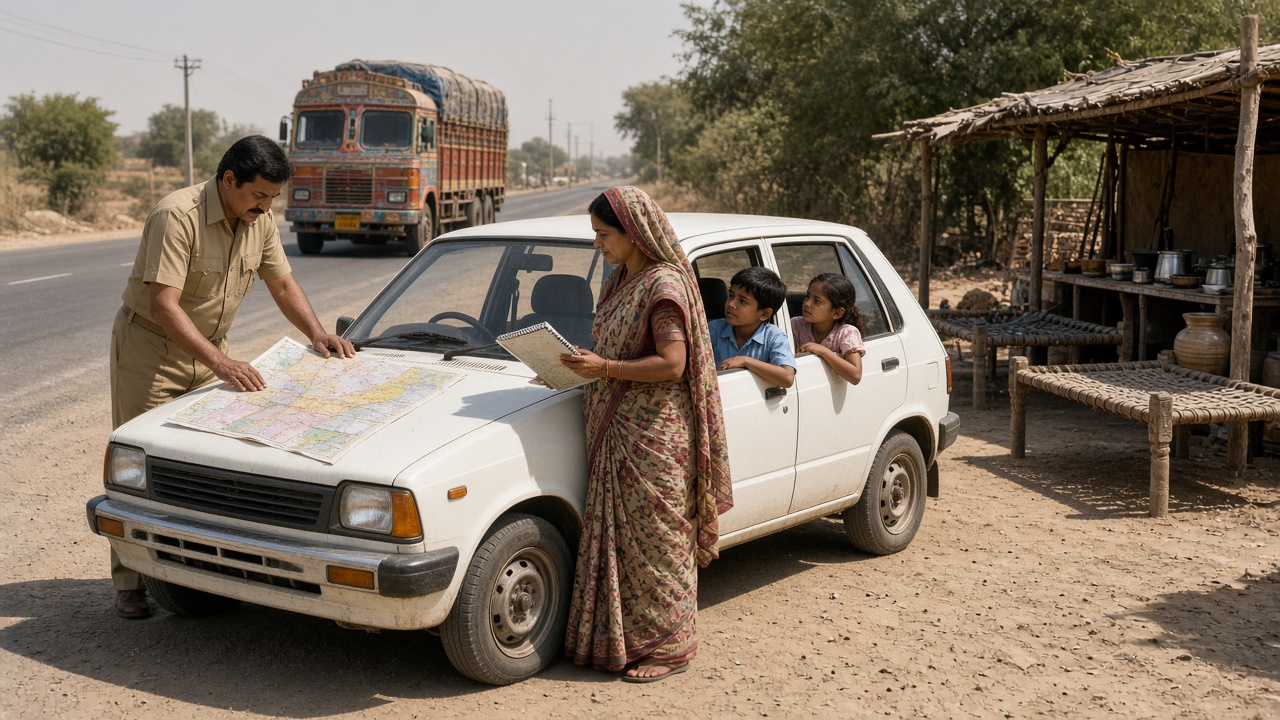 1980s Indian family beside a small white hatchback on a highway shoulder, the father in a safari suit spreading a large paper road map across the bonnet, the mother in a sari holding a spiral-bound map book, two children leaning out of the rear window, with a decorated truck and a roadside dhaba with charpais nearby