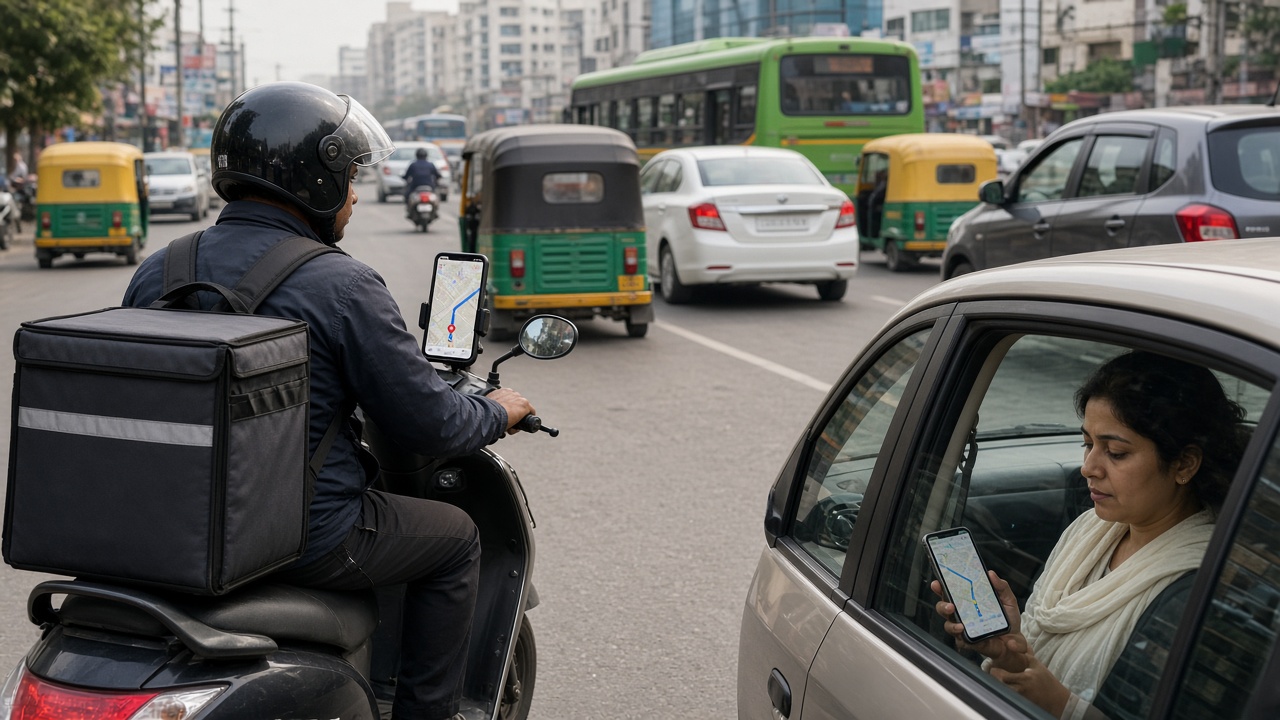 Busy Indian city junction in daylight with a helmeted delivery rider on a scooter carrying an insulated delivery bag, a smartphone mounted on the handlebar showing a map with a blue route, green-and-yellow auto-rickshaws, cars, and a green bus around him, and a woman in a car checking a map on her phone