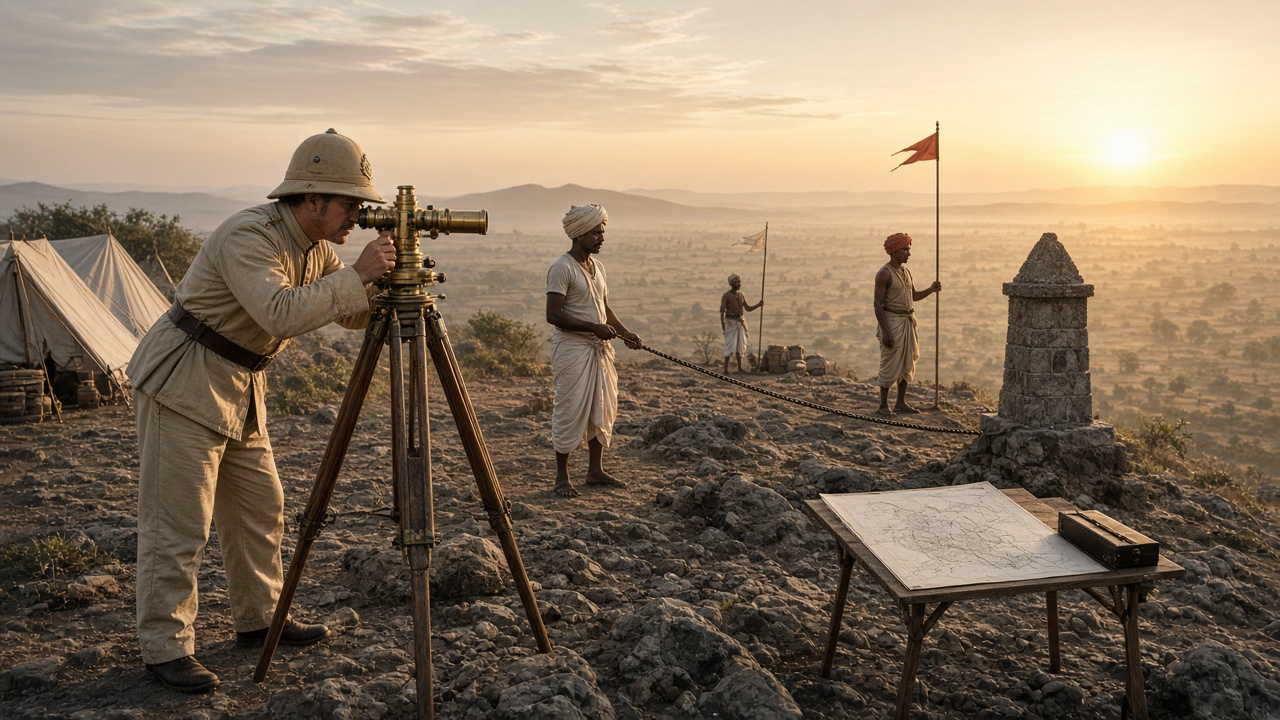 Nineteenth-century survey on a rocky Indian hilltop at sunrise with an officer in a pith helmet looking through a large brass theodolite on a wooden tripod, Indian assistants in turbans holding a measuring chain and signal flags, canvas tents, a stone survey pillar, and a sketch map on a folding table