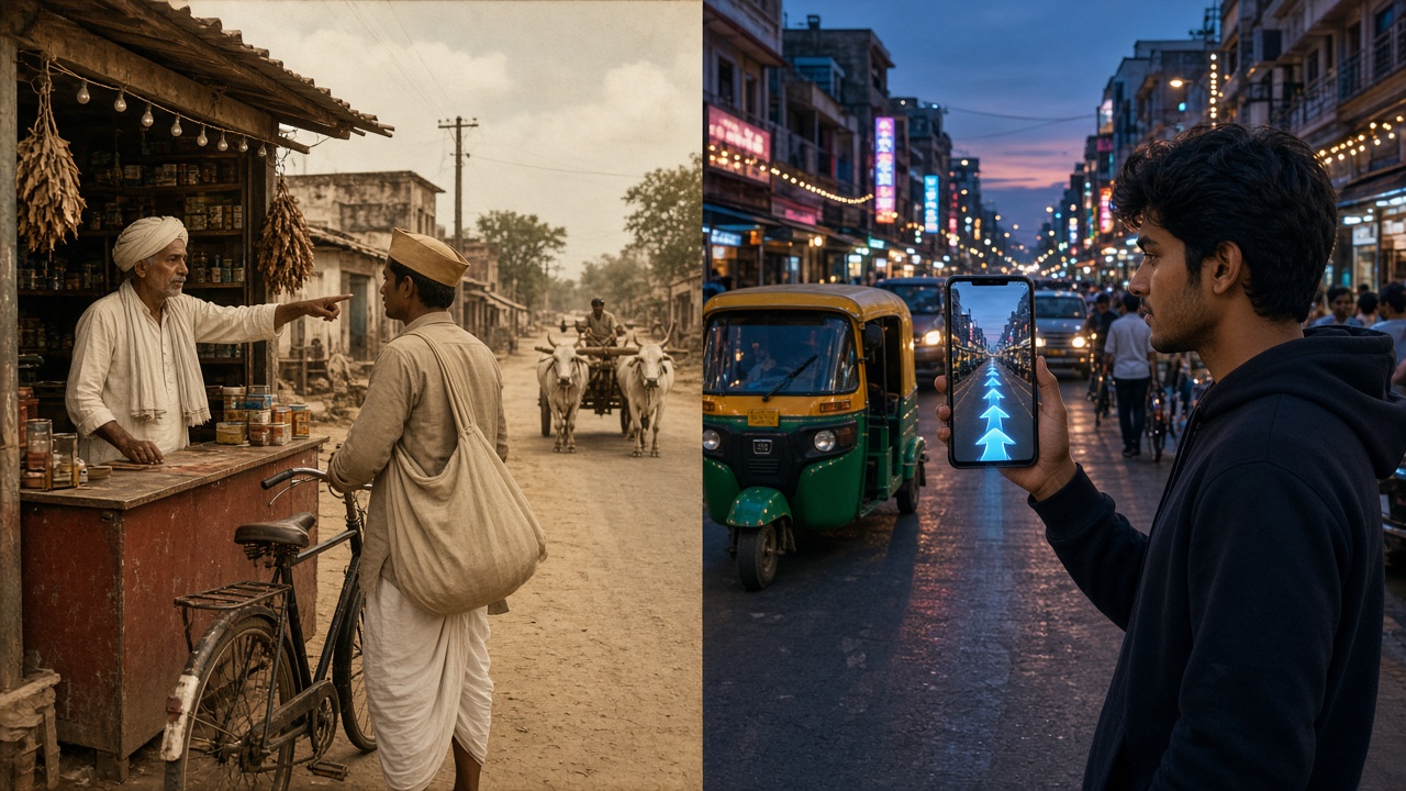 Split image with a traveller holding a bicycle asking an elderly shopkeeper in a turban at a roadside stall for directions on a dusty 1950s road with a bullock cart on the left, and a young man in a busy city street at dusk holding up a smartphone showing glowing blue augmented-reality arrows beside auto-rickshaws on the right