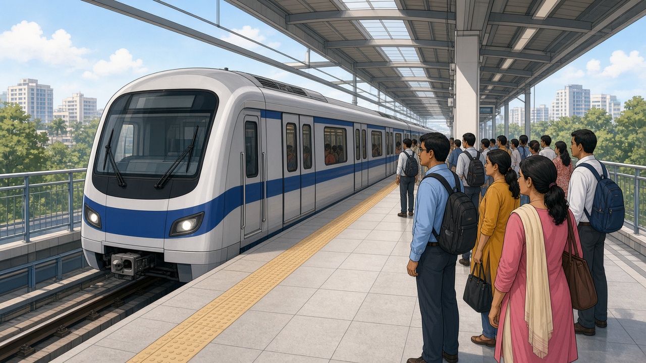 Modern Indian metro train and station with Indian passengers
