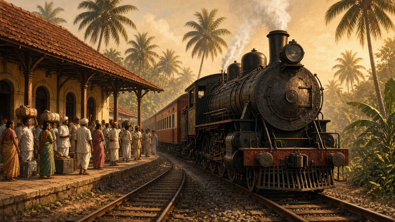 Historic Indian steam locomotive at a classic Indian railway station with passengers