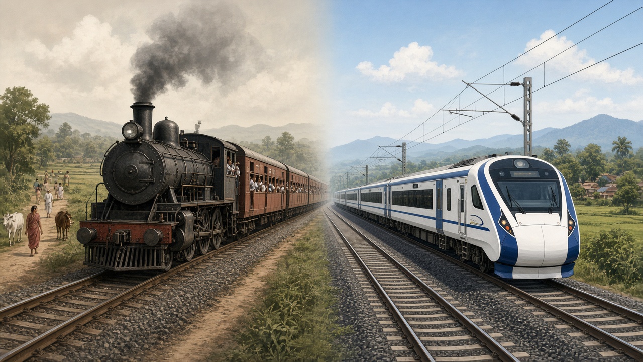 Transport then versus now comparison showing older vehicles and modern mobility including railways
