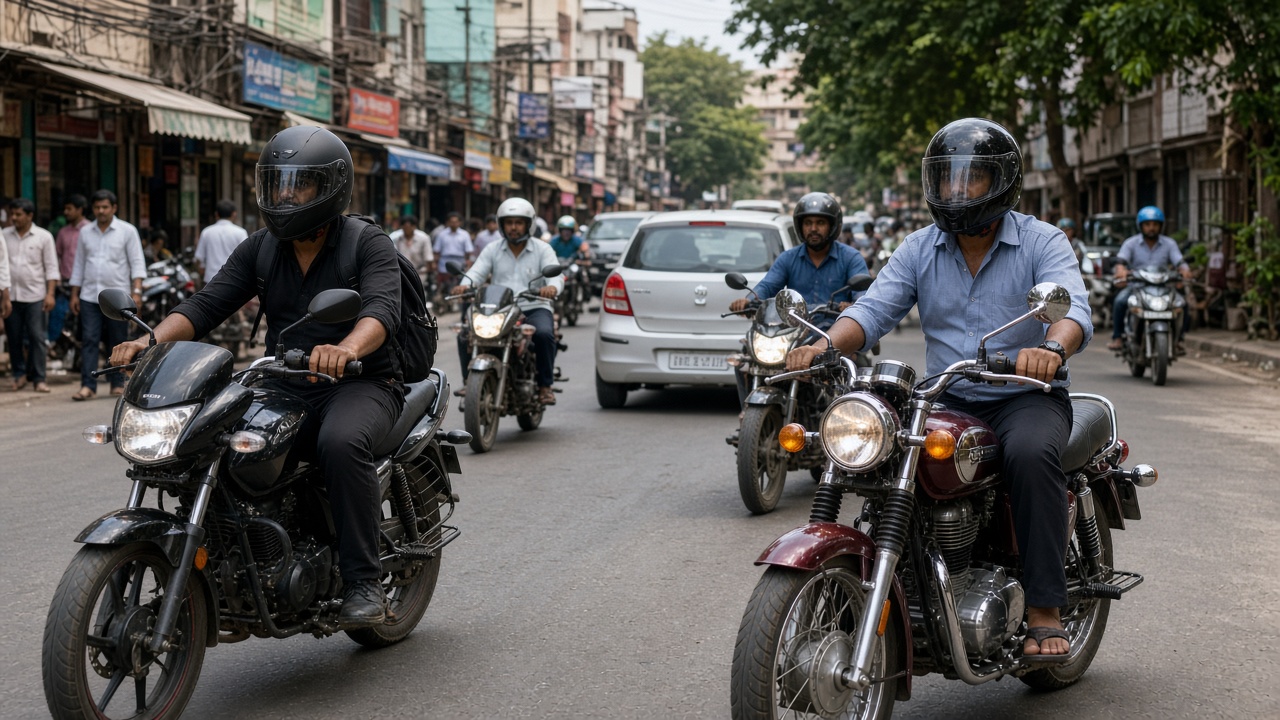 Indian motorcycles and riders commuting on a busy Indian city road