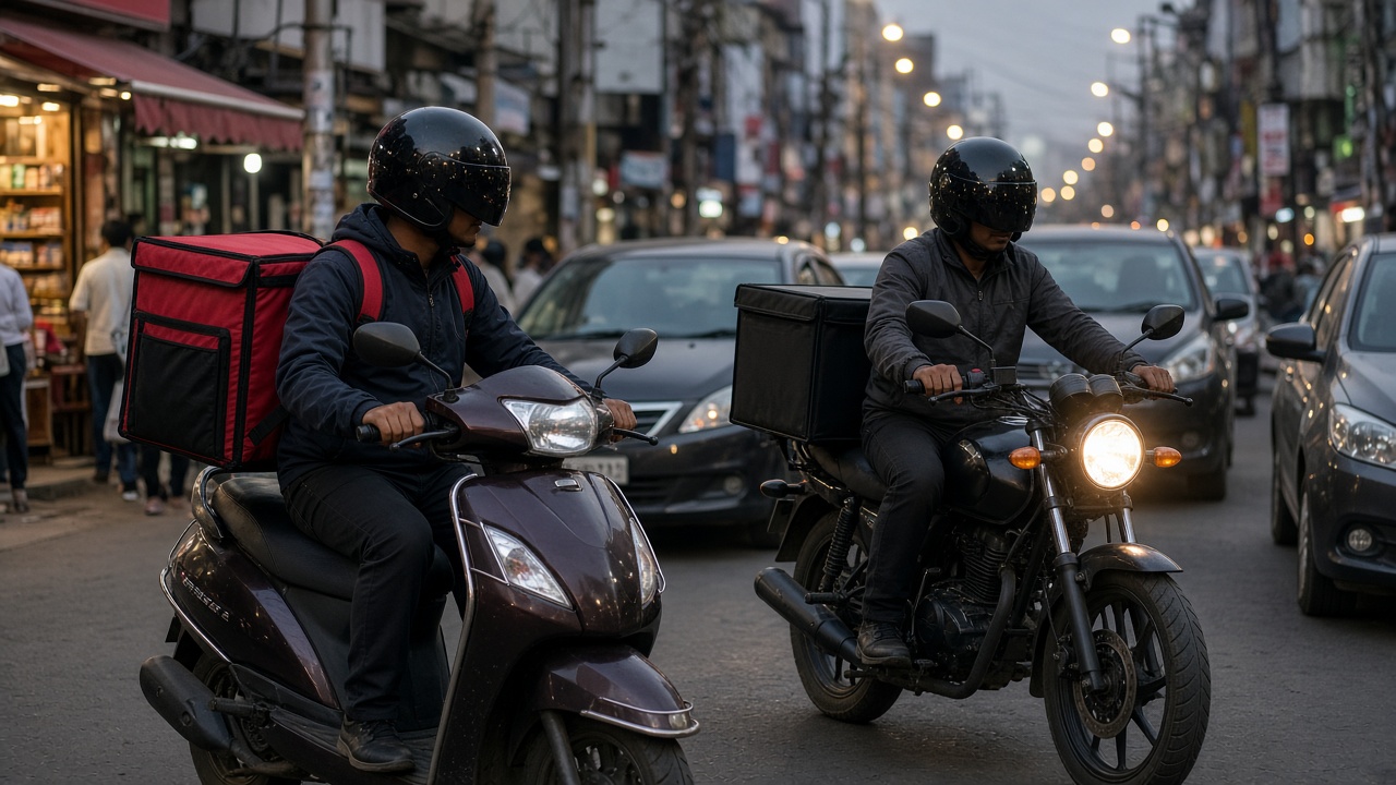 Food delivery scooter and courier motorcycle on a busy Indian street