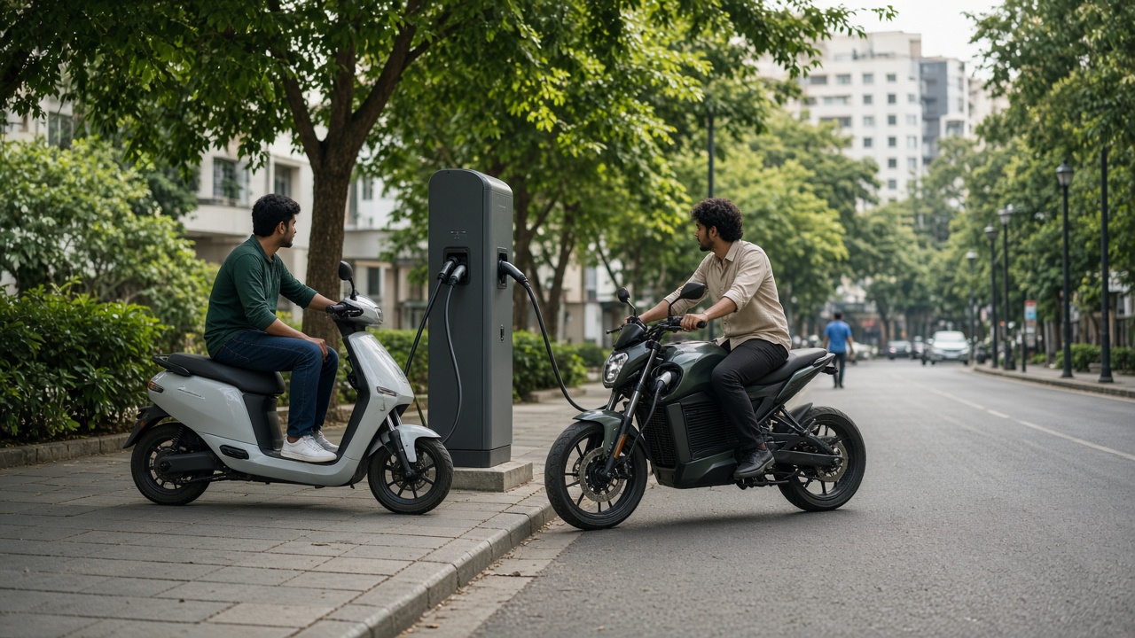 Electric scooters and motorcycles charging at a station in an Indian city