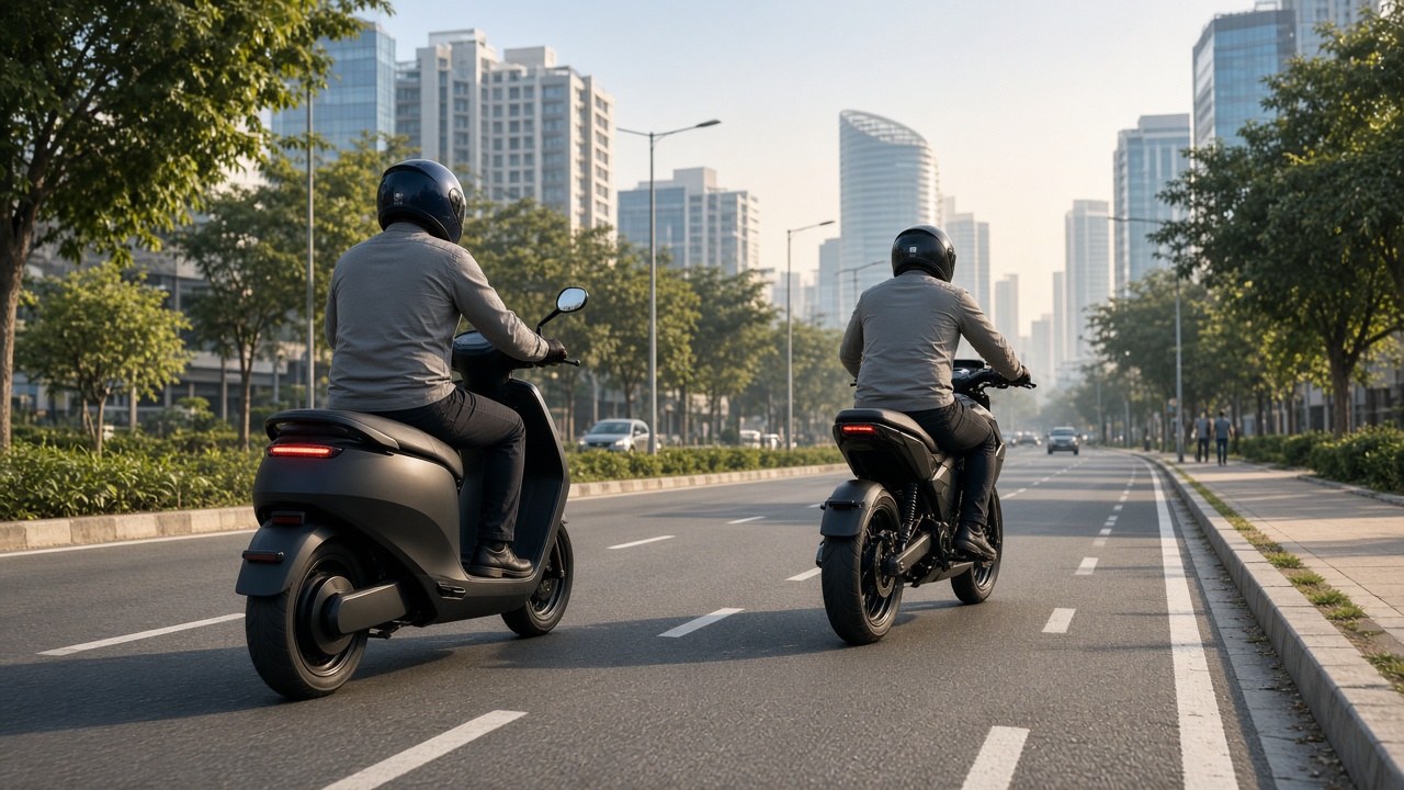 Futuristic Indian street with electric scooters and bikes in a dedicated two-wheeler lane