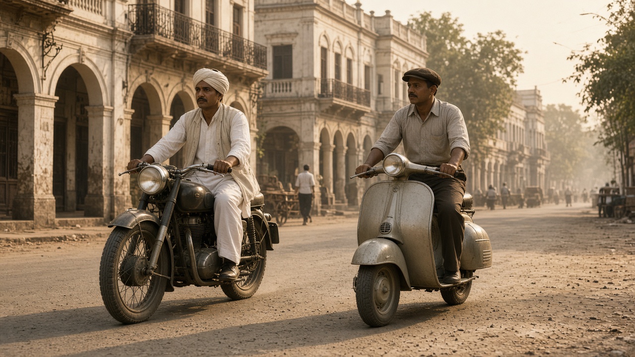Vintage motorcycle and early scooter on a dusty Indian town street