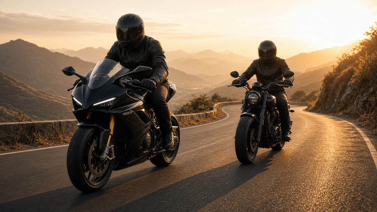 Indian sports and premium motorcycles on a scenic highway with hills