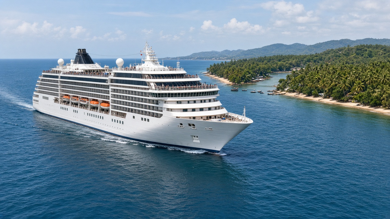 White luxury cruise ship sailing along the Indian coastline on blue sea water