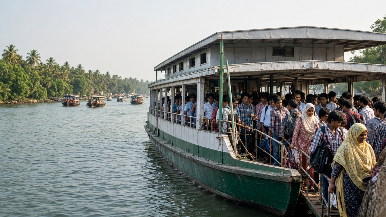 Indian passenger ferry and boats at an Indian harbor representing steam-to-modern passenger water transport