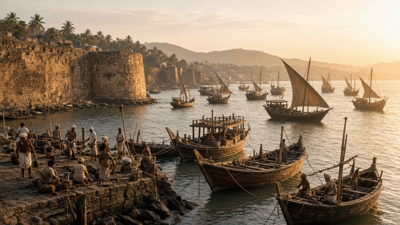 Early Indian maritime scene with wooden sailing ships and traditional coastal vessels at an Indian harbor