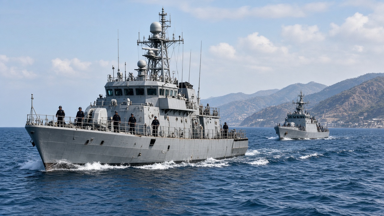 Indian Navy or Coast Guard style patrol boat on the Arabian Sea near Indian coastline