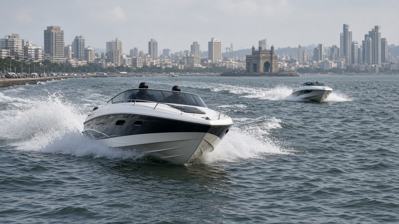 Fast speedboat cutting waves on Indian coastal waters near a city shoreline