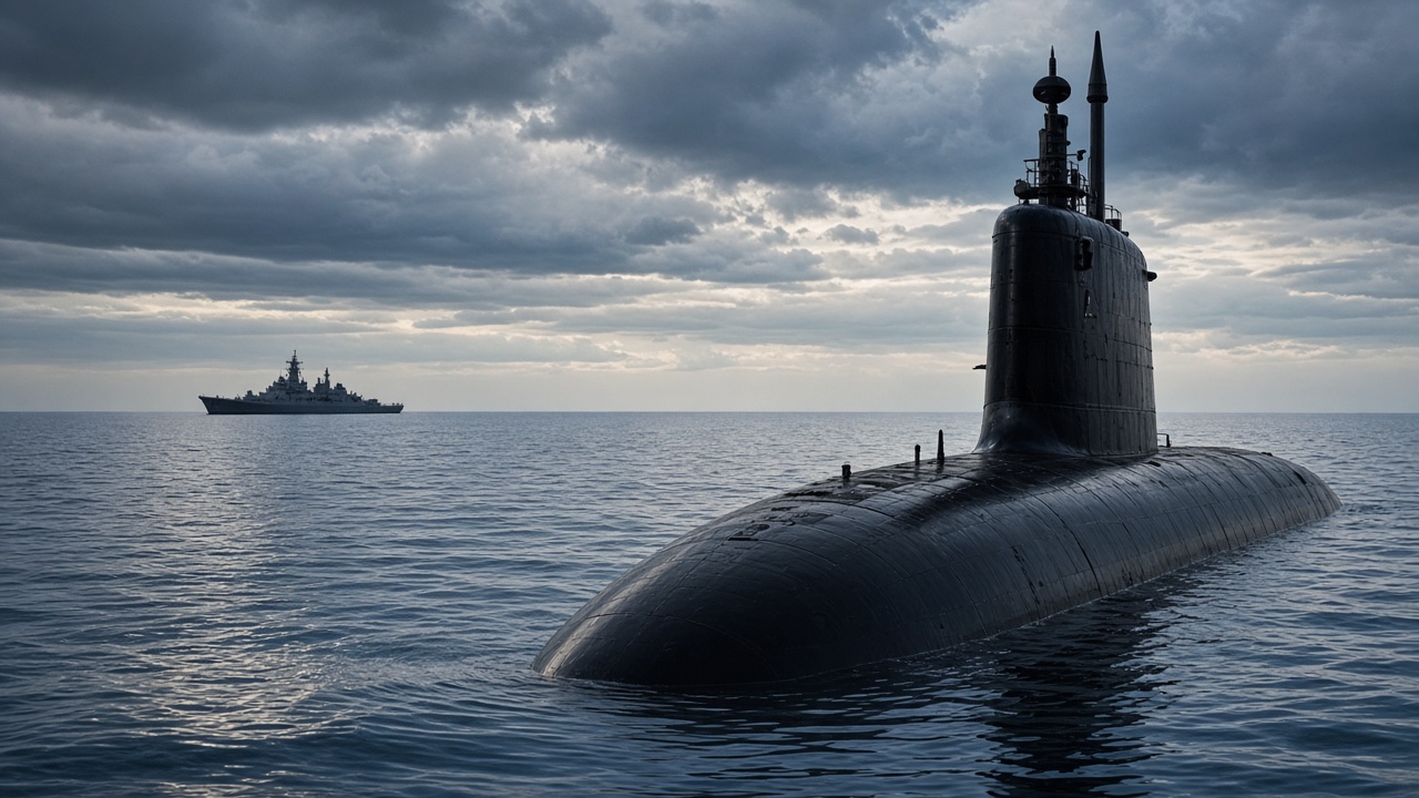 Indian Navy submarine partially surfaced in the Arabian Sea with distant warship silhouette