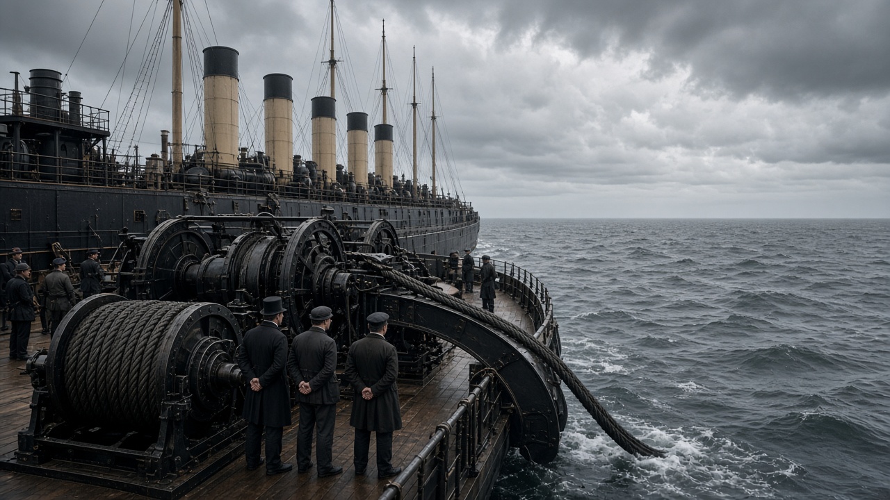 Deck of a huge 1860s steamship with several funnels and tall masts, with giant iron cable drums and wheels paying out a thick telegraph cable over the side into a grey, choppy ocean while men in Victorian coats and caps watch