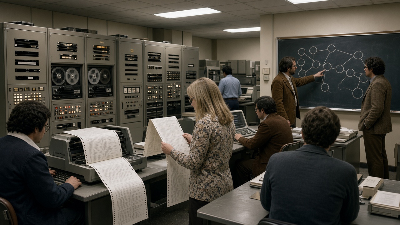 1970s university computer room with tall cabinets of tape drives and blinking lights, researchers in wide-collared clothes at teletype terminals printing on continuous paper, a woman reading a long printout, and two men pointing at a chalkboard diagram of connected circles