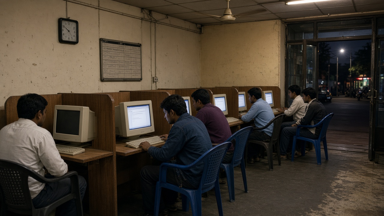 Late-1990s cyber café in an Indian city with rows of beige boxy monitors in wooden cubicles, young men on plastic chairs browsing and typing, a wall clock and notice board, a ceiling fan, and a street with lights visible through the open doorway at dusk