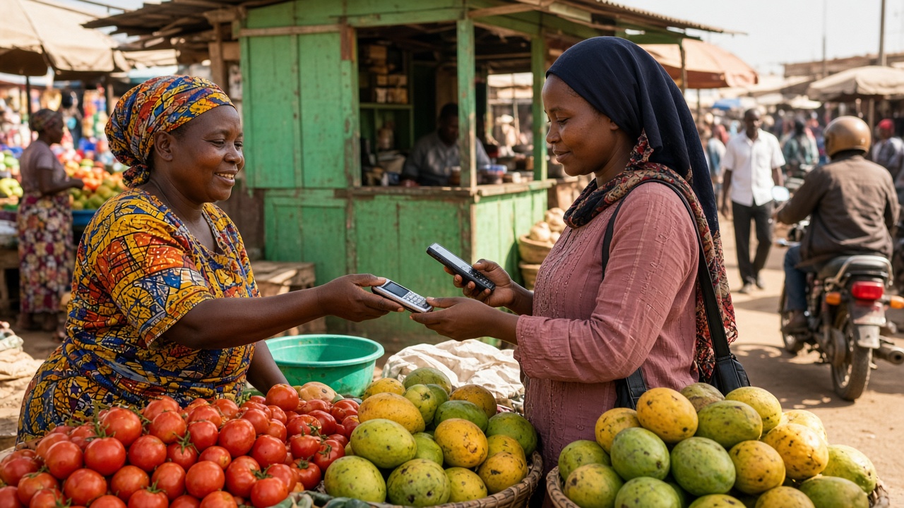 Busy East African market with a smiling vegetable seller in a colourful headwrap and dress holding out a basic keypad phone towards a customer in a headscarf holding another basic phone, with piles of tomatoes and mangoes, a green kiosk, and a motorbike behind