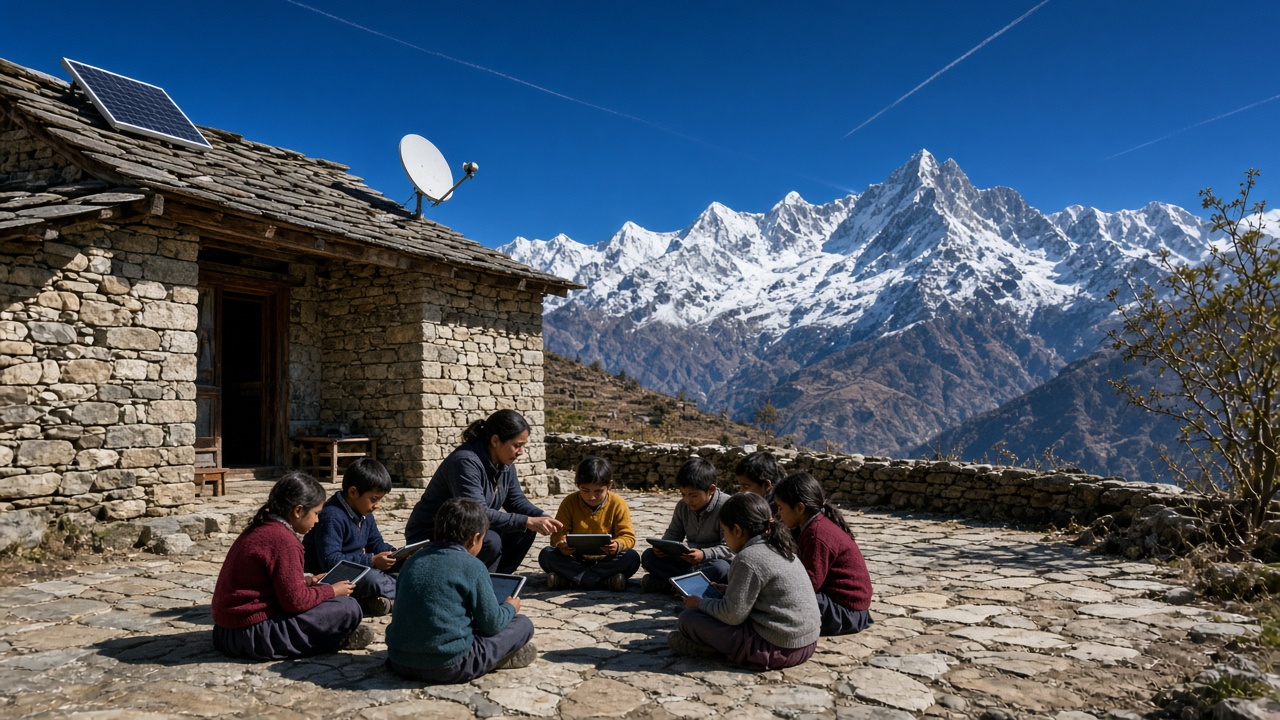 Children in school sweaters sitting in a sunny stone courtyard learning on tablets with their teacher, beside a stone schoolhouse with a slate roof carrying a satellite dish and a solar panel, with snow-capped Himalayan peaks and a deep blue sky behind