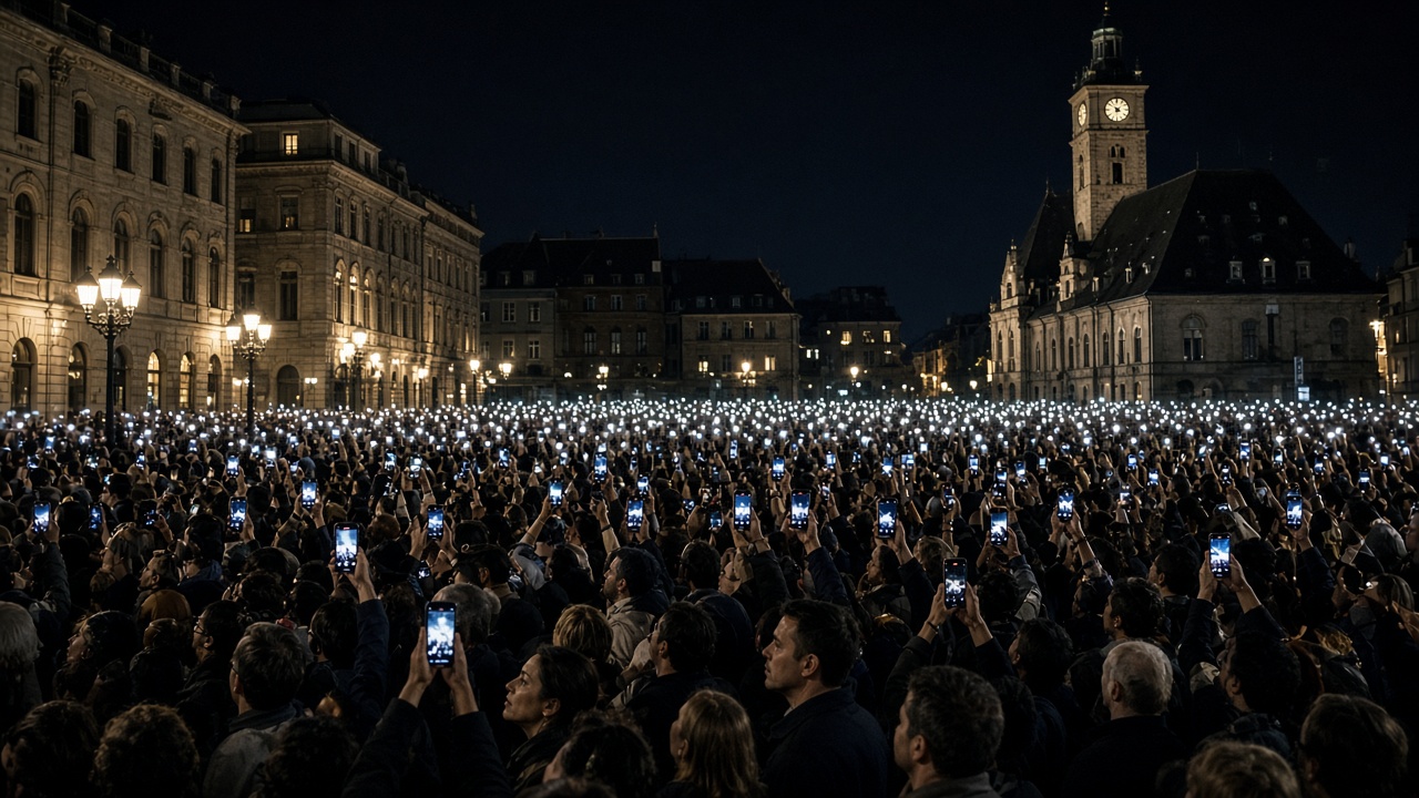 Huge crowd filling a city square at night with thousands of people holding up glowing smartphones, their faces lit by screens, surrounded by grand old stone buildings, street lamps, and a clock tower