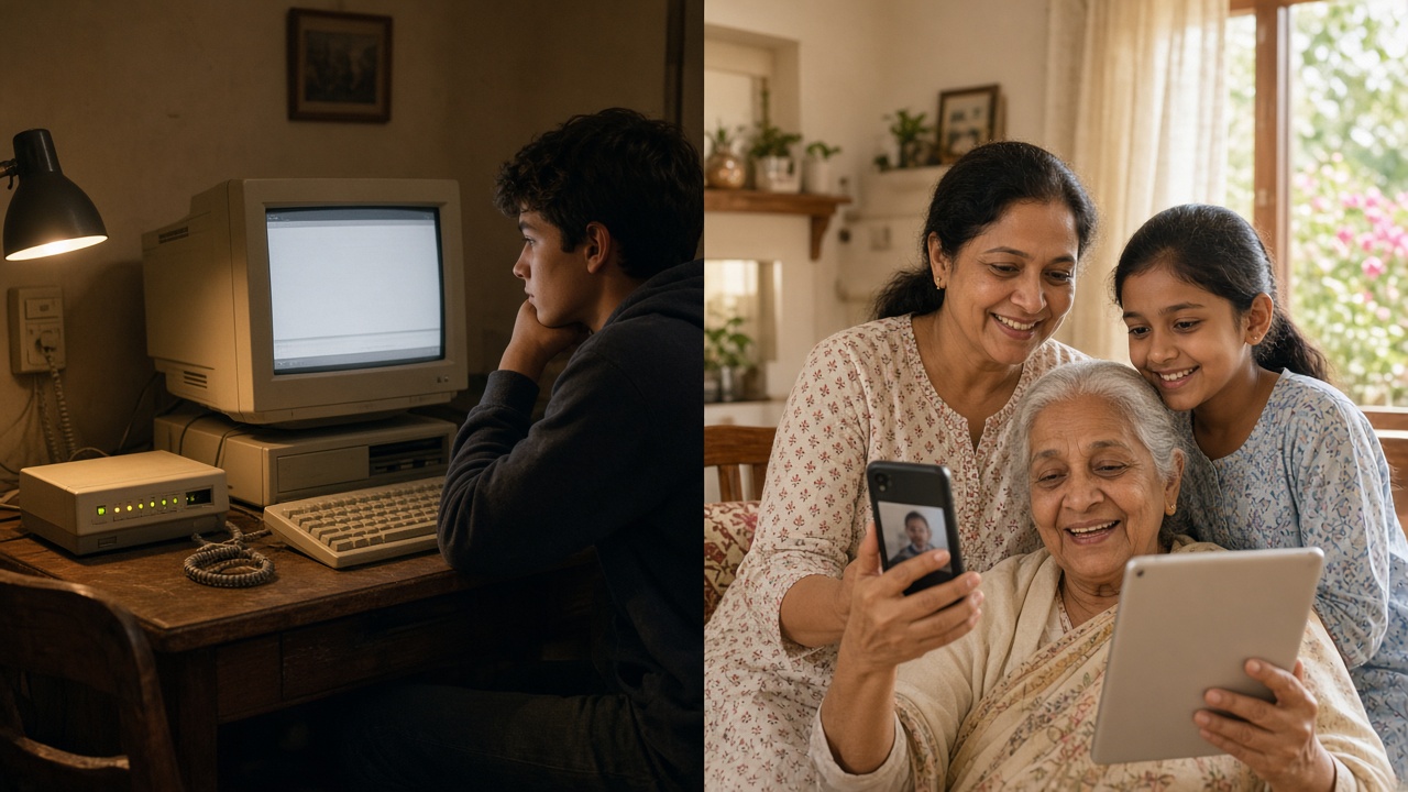 Split image with a teenager in 1995 waiting at a desk with a beige boxy monitor, keyboard, and dial-up modem with blinking lights under a desk lamp on the left, and an Indian grandmother, mother, and daughter smiling at a video call on a smartphone and tablet in a bright home on the right