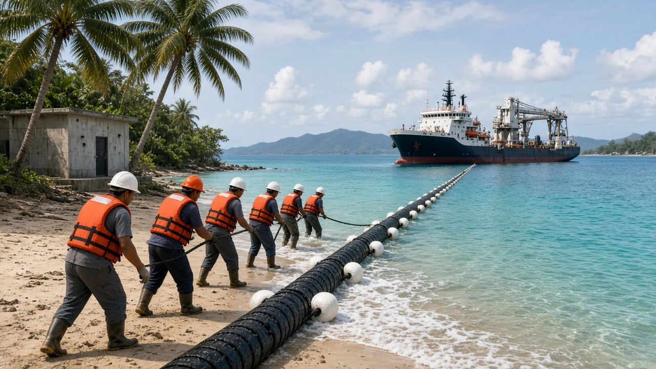 Workers in white and orange hard hats and orange life vests hauling a thick black undersea cable supported by white floats up a sandy tropical beach towards a small concrete landing station under palm trees, with a large cable-laying ship anchored in turquoise water