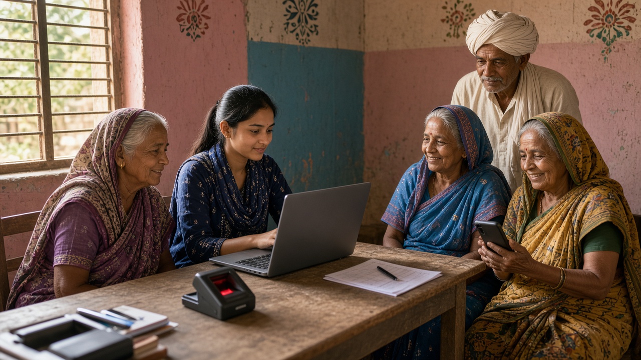 Young woman operator at a laptop in a village digital service centre with painted walls, helping smiling elderly women in saris and a turbaned farmer, one woman holding a smartphone, with a fingerprint scanner and papers on the wooden desk