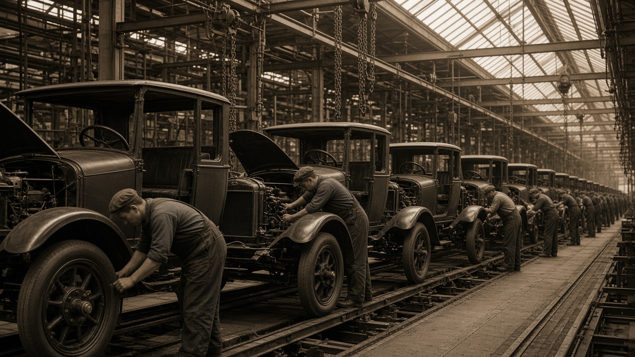 Sepia view down a long factory hall with a row of identical early motor cars on a moving track, workers in caps and overalls fitting engines and wheels, and chain hoists hanging from steel beams under a skylight roof