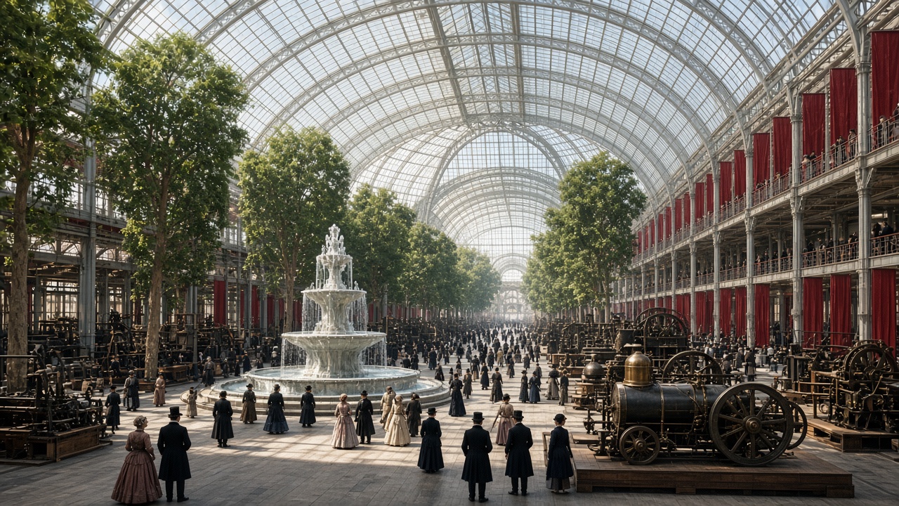 Vast hall with an arched glass-and-iron roof, full-grown trees and a tiered crystal fountain inside, red banners hanging from iron galleries, steam engines and machines on display, and Victorian visitors in top hats, bonnets, and wide crinoline dresses