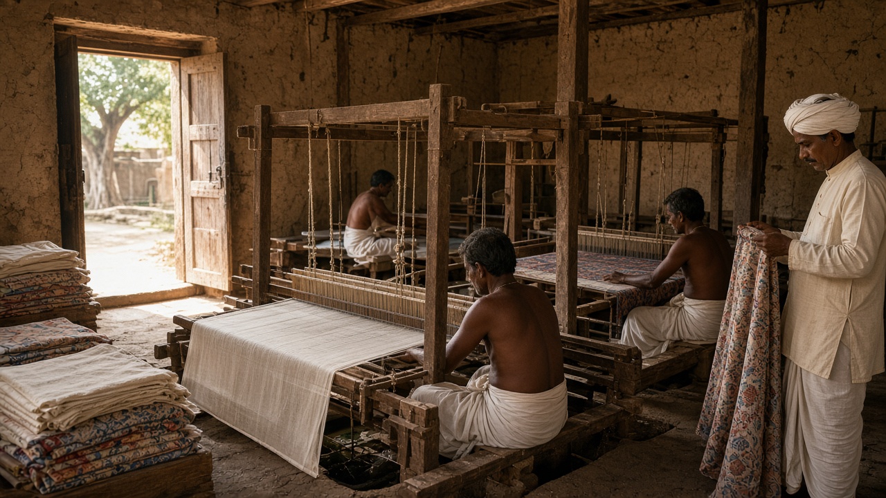 Indian weavers in white dhotis working wooden pit looms in a mud-walled workshop, one weaving fine white muslin, with stacks of plain and printed cotton cloth, and a turbaned merchant inspecting a bolt of floral printed calico near a sunlit doorway