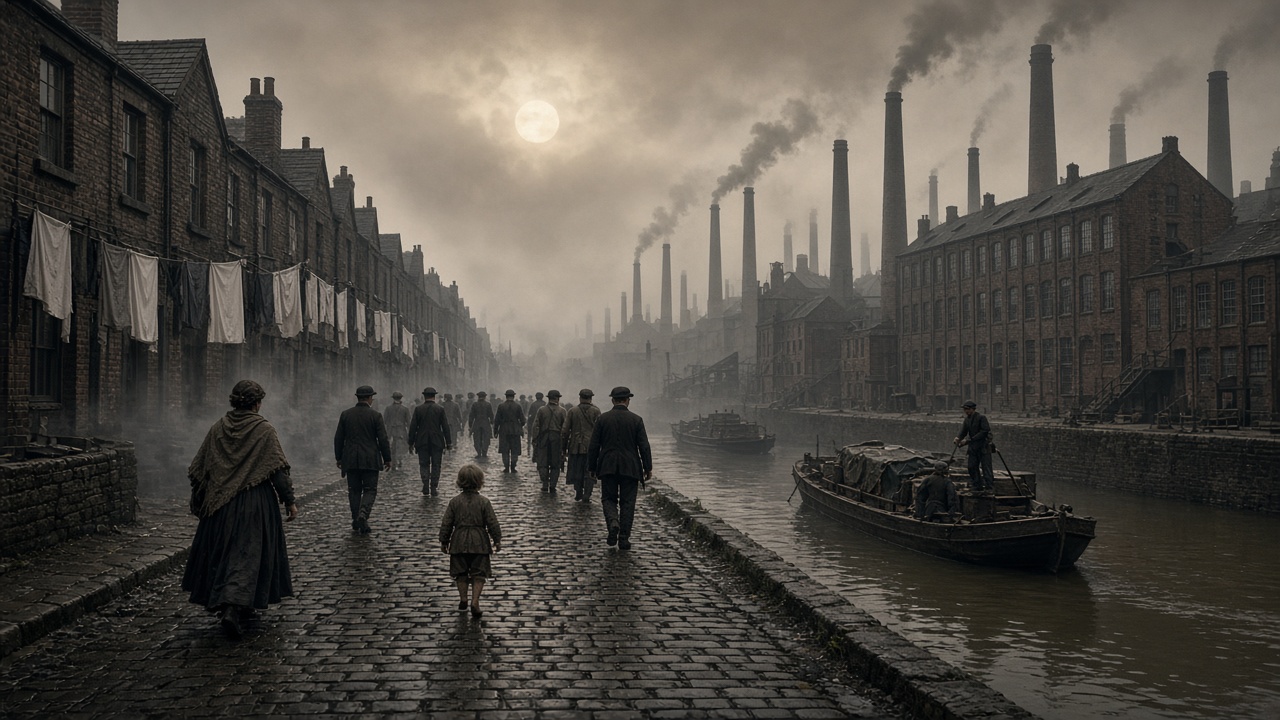 Smoggy 19th-century industrial town with dozens of smoking brick chimneys and mill buildings along a canal with barges, rows of terraced houses with washing hanging outside, and workers in caps and shawls, including a small child, walking along a cobbled street under a dim sun